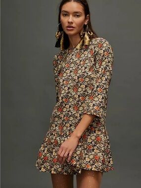Free People "The Avenue" Mini Dress Black Floral Print 3/4 Sleeves Ruffle Hem M